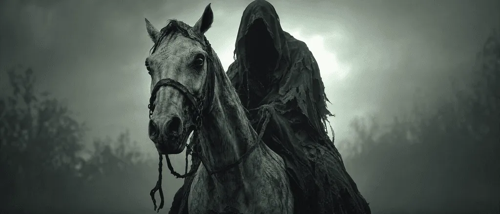 A hooded rider on a pale horse in the mist