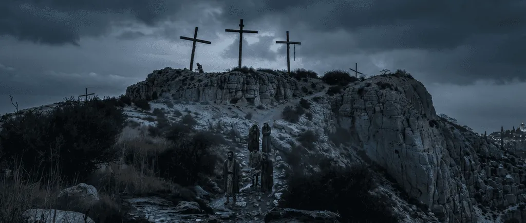 Three crosses on a rocky hilltop under a stormy sky